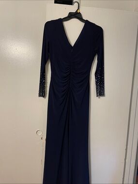 Xscape Navy Long-Sleeve Ruched Evening Gown with Embellished Cuffs
